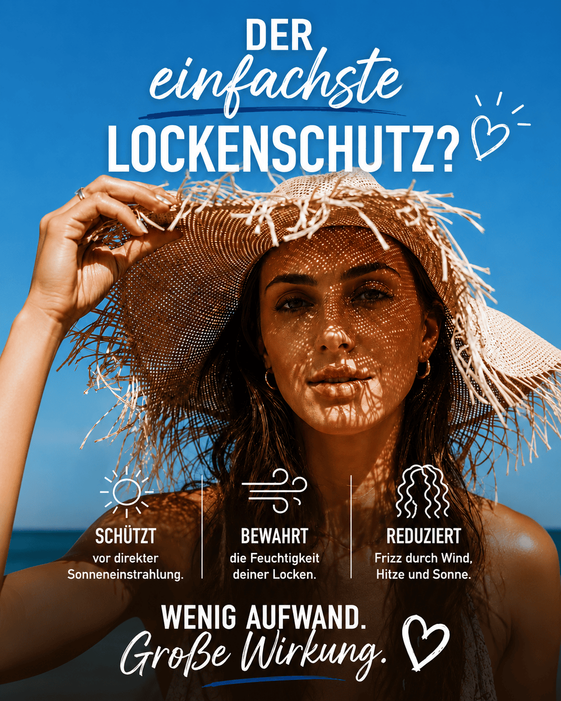 Ein Sonnenhut schützt Naturlocken vor direkter Sonneneinstrahlung, bewahrt Feuchtigkeit und hilft, Frizz im Sommer zu reduzieren.
